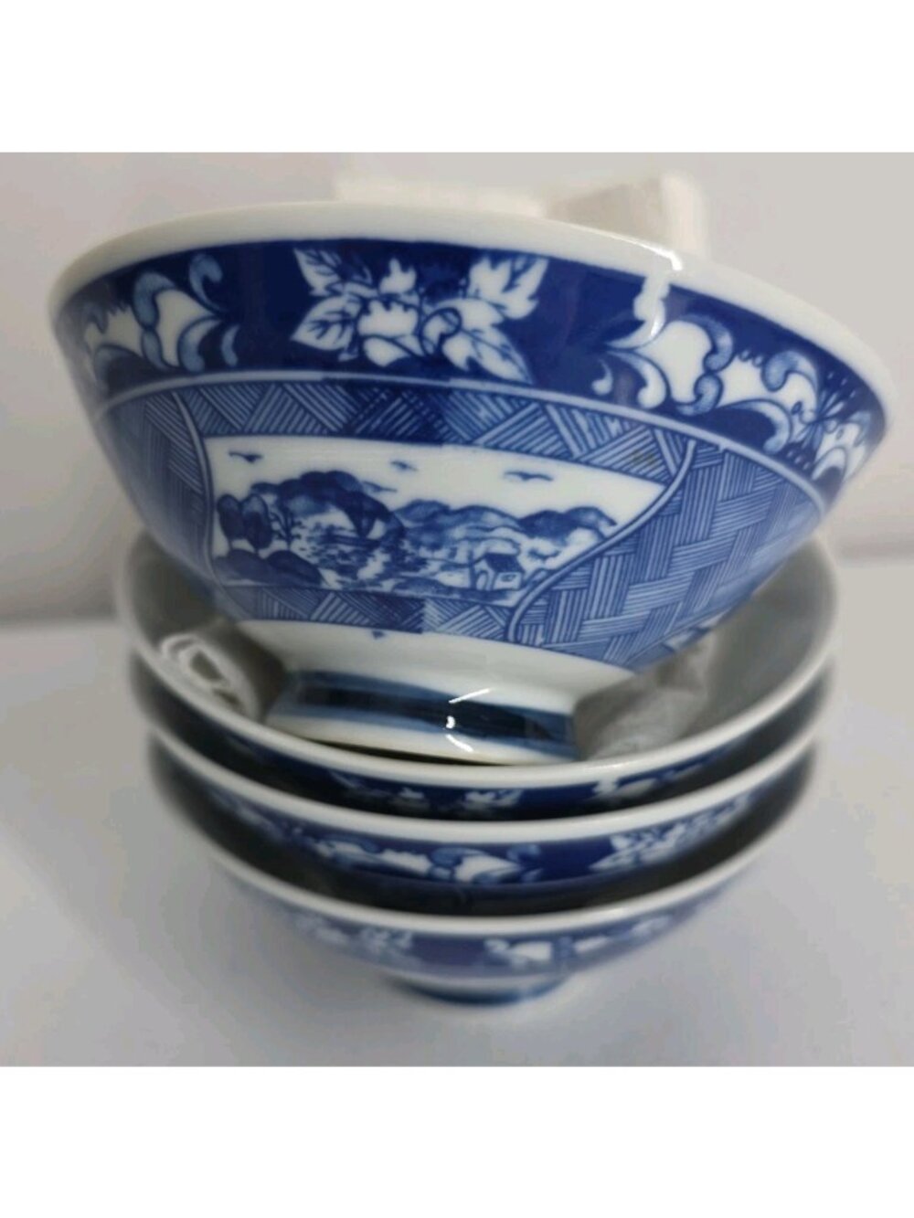 Toyo Porcelain Blue White Scenery Footed Rice Bowls Vtg Asian Tourist Novelty